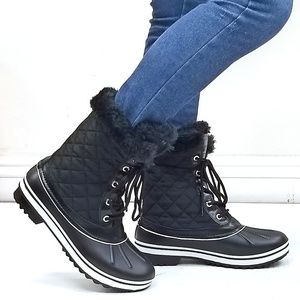 New Black Quilted Lace Mid-Calf Snow Boots Booties